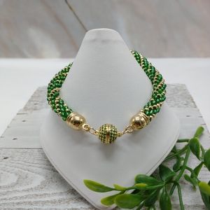 Handmade Green and Gold Seed Bead Spiral Bead Crochet Bracelet